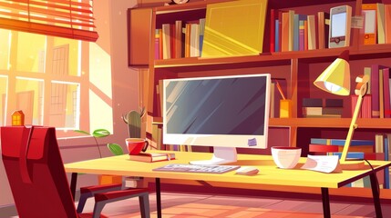 Modern illustration of modern workspace with desk, computer, books, lamp, paper notes, and tea cup. Study room interior with table, monitor, keyboard, lamp, paper notes, and tea cup.