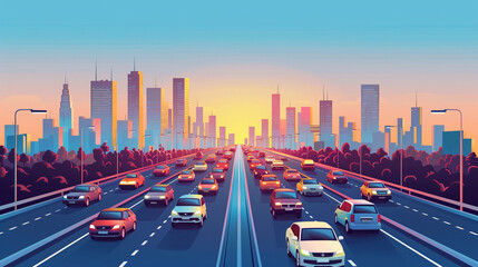 Colorful illustration of a busy highway into a city at sunset.