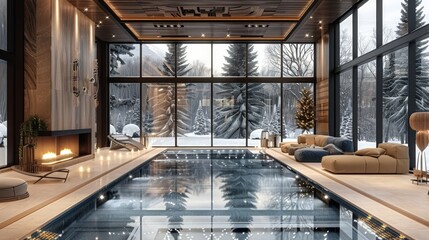 Blue indoor pool, large windows, wood ceiling and flooring, fireplace, winter setting, warm indoor...