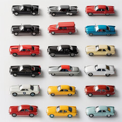 Assorted vintage toy cars on a white background.