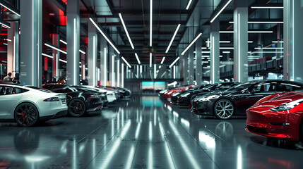 Luxury vehicles in a modern car showroom.