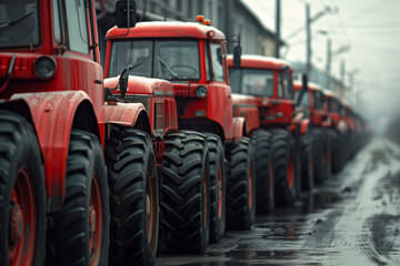 Row of red tractors lined up on a wet surface.