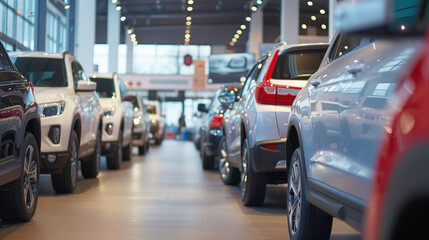 Row of new vehicles at a car dealership showroom.