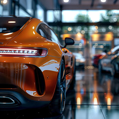 Luxury sports car showcased in a dealership showroom