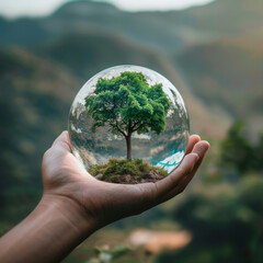 Hand holding a crystal ball with a tree inside.