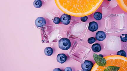 Orange slice with ice cubes and blueberries on pink background - Powered by Adobe