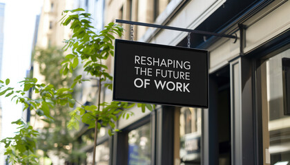 Reshaping the future of work on a city-center sign in front of a modern office building	
