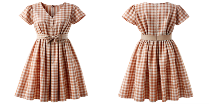 Charming vintage gingham dress with a flattering belt, shown from the front and back, featuring a classic and elegant design.
