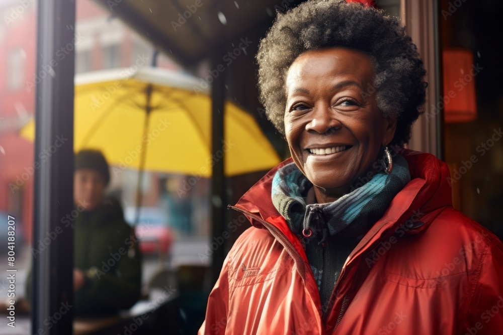 Canvas Prints Portrait of a jovial afro-american woman in her 80s wearing a windproof softshell on bustling city cafe