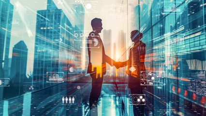 Digital innovation in business interaction, businessmen handshake with holographic data