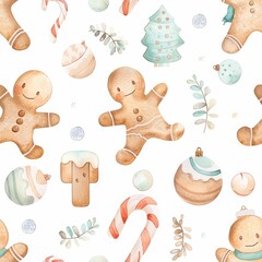 Watercolor painting seamless pattern of gingerbread men and Christmas decorations. The gingerbread men are smiling and the decorations include a tree, a candy cane, and various ornaments.