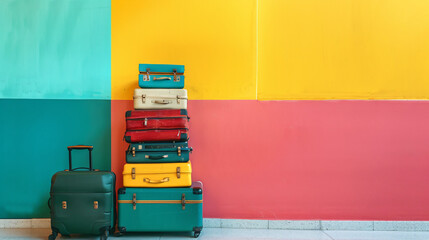 Packed suitcases near color wall