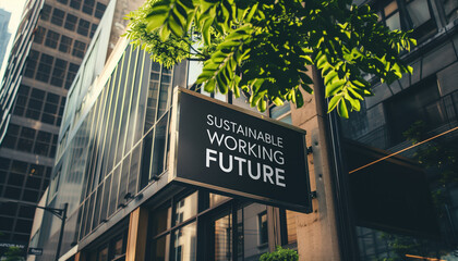 Sustainable working future sign in front of a modern office building	

