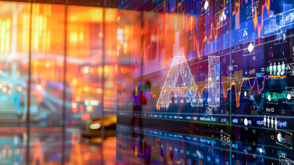 Futuristic cityscape with digital data and holographic projections, vibrant tech scene