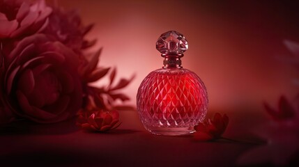 Stylish bottle with perfume against a background of corrals in soft crimson and red tones