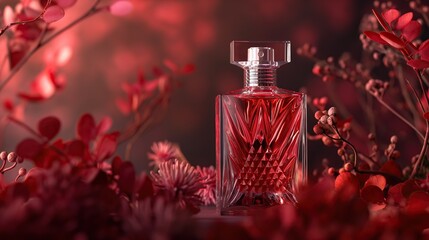 Stylish bottle with perfume against a background of corrals in soft crimson and red tones