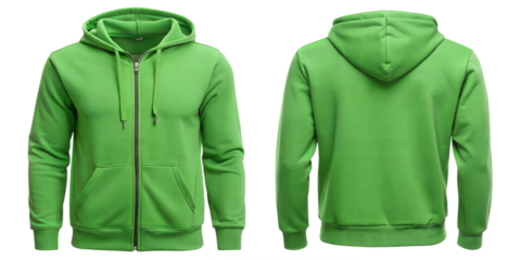 Set of green front and back view tee hoodie hoody sweatshirt on transparent background cutout file. Mockup template for artwork graphic design