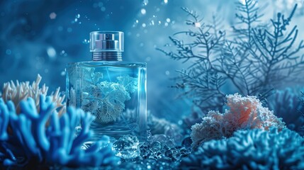 Stylish bottle with perfume against a corral background in electric blue color