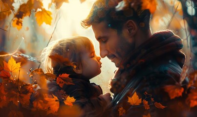 Tender moment between father and child in autumn. Generative AI image