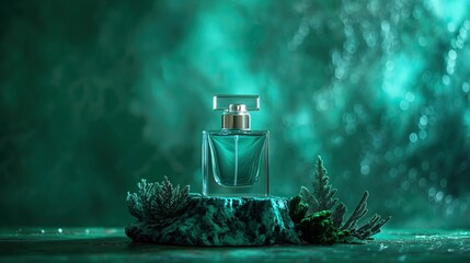 Stylish bottle with perfume against a corral background in soft emerald color