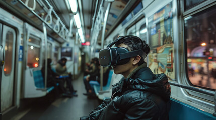 man in virtual reality glasses in a subway car, spatial computer, mask, high technology, VR, device, person, people, portrait, online, game, Internet, future, electronic, 3D, three-dimensionally, tube