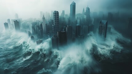 Huge tsunami water hits large city. modern city's skyscrapers submerged by tsunami 