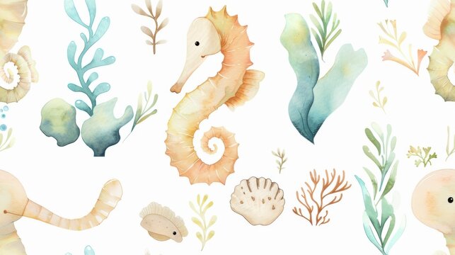 A seascape with a yellow seahorse and other sea creatures. The seahorse is the main focus of the image. Watercolor painting seamless pattern style