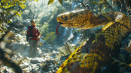 A man is walking in the woods with a snake in his hand - obrazy, fototapety, plakaty