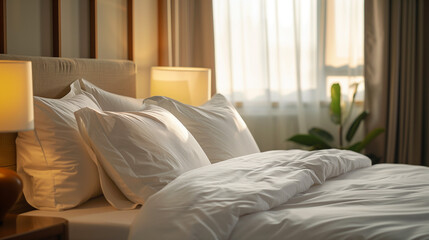 Healthy Sleep Environment: A tranquil bedroom scene depicts a person sleeping peacefully in a comfortable bed with soft pillows and linens