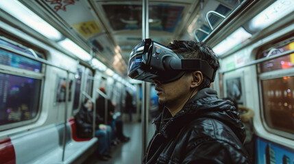 man in virtual reality glasses in a subway car, spatial computer, mask, high technology, VR, device, person, people, portrait, online, game, Internet, future, electronic, 3D, three-dimensionally, tube