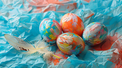 Painted Easter eggs and feathers on color crumpled 