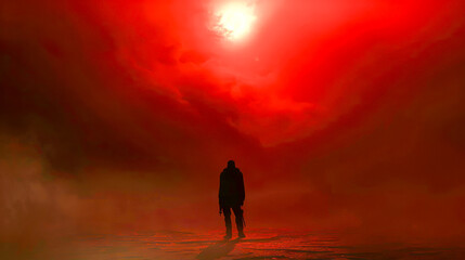 Fototapeta premium A man stands in a red sky with a sun in the background