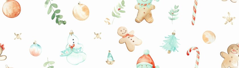 Naklejka premium Watercolor painting seamless pattern of a Christmas scene with a gingerbread man, a snowman, and a tree.