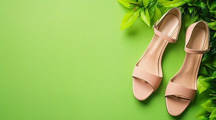 Pair of stylish high heeled sandals on green background - Powered by Adobe