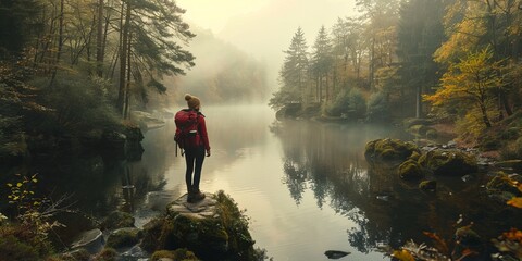 Calm forest with river and female hiker standing on a stone overlooking the water i