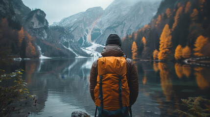 A man wearing a yellow backpack stands on a rocky shore looking out at a lake - Powered by Adobe