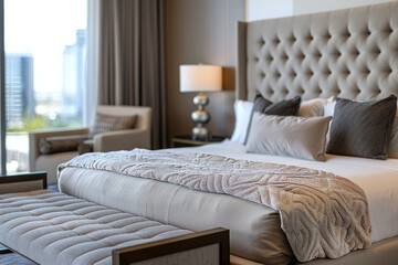 A closeup of a luxurious suite in a five-star hotel featuring a king-sized bed with premium linens and a large window