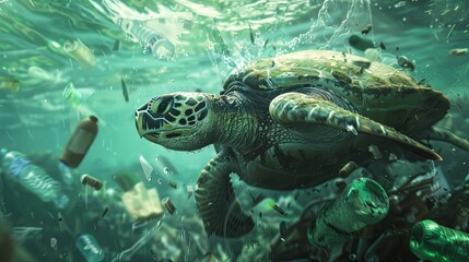 Fototapeta premium Ultra Realistic close up of sea turtle swimming among plastic bottles and debris in the ocean