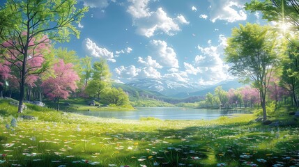 The spring scenery is bright and colorful, and the trees are verdant and show new colors. The breeze blows over the green waves, and the flowers are blooming. Generative AI.