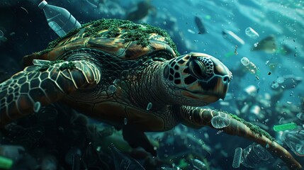 Obraz premium Ultra Realistic close up of sea turtle swimming among plastic bottles and debris in the ocean