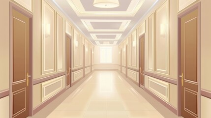Empty hallway with beige walls in an apartment building, hotel, school or clinic with closed doors, windows and ceiling lamps. Modern realistic illustration showing beige walls in an apartment