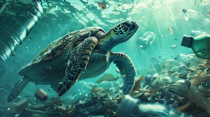 Fototapeta premium Ultra Realistic close up of sea turtle swimming among plastic bottles and debris in the ocean