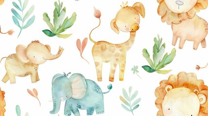 Watercolor painting seamless pattern of a group of animals, including a giraffe, elephant, and lion.
