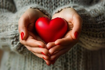 Closeup of womans hands delicately holding a red heart against a neutral background