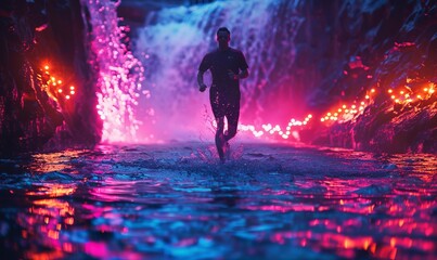 Young man running in river water with neon lights