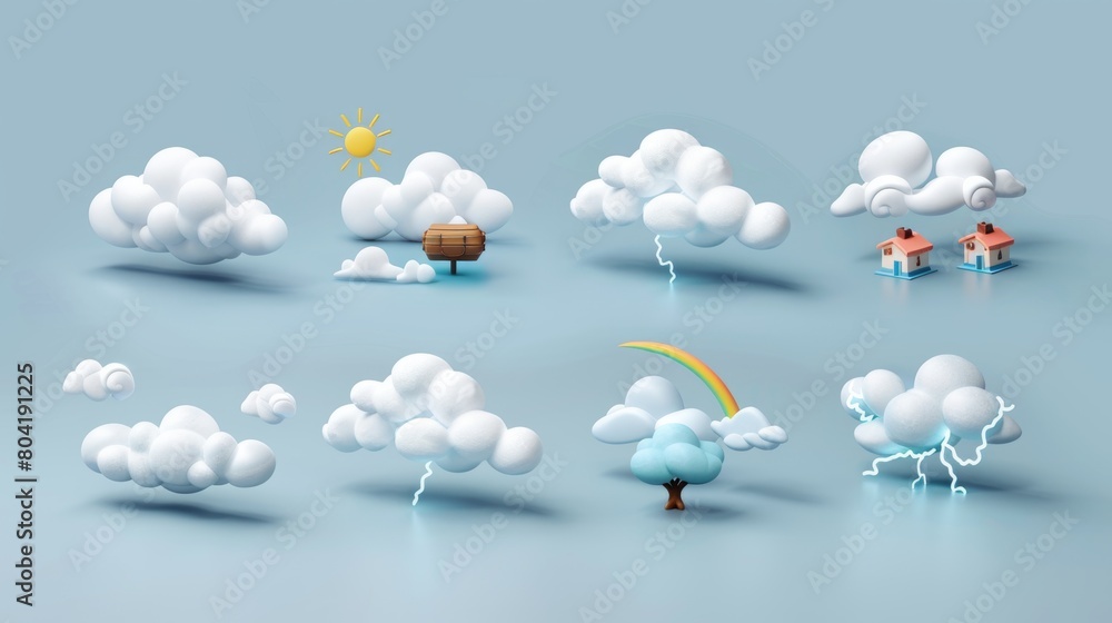 Poster a set of three 3d weather icons, with clouds, lightning, snow, or rain. a set of three 3d weather el