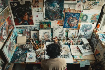 A person sitting at a desk covered with numerous paintings and artistic tools