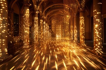 A long hallway brightly illuminated by multiple lights, creating a mesmerizing visual effect on the walls