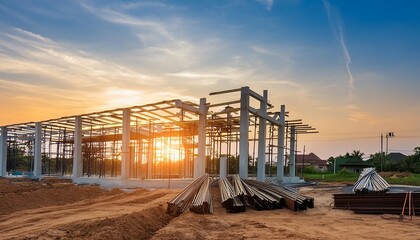 construction site and sunset structural steel beam build large residential buildings. Generative Ai illustration