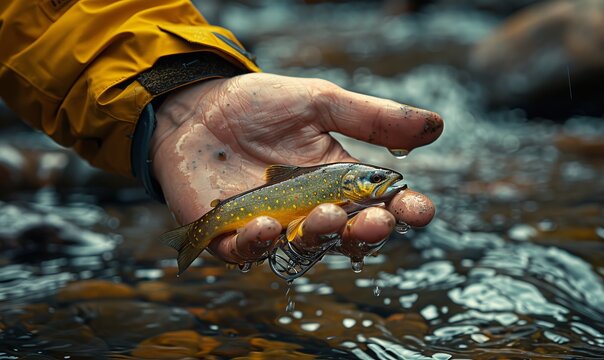 A man's hand holding a tiny brook trout over a stream with a shiny vintage fishing reel nearby